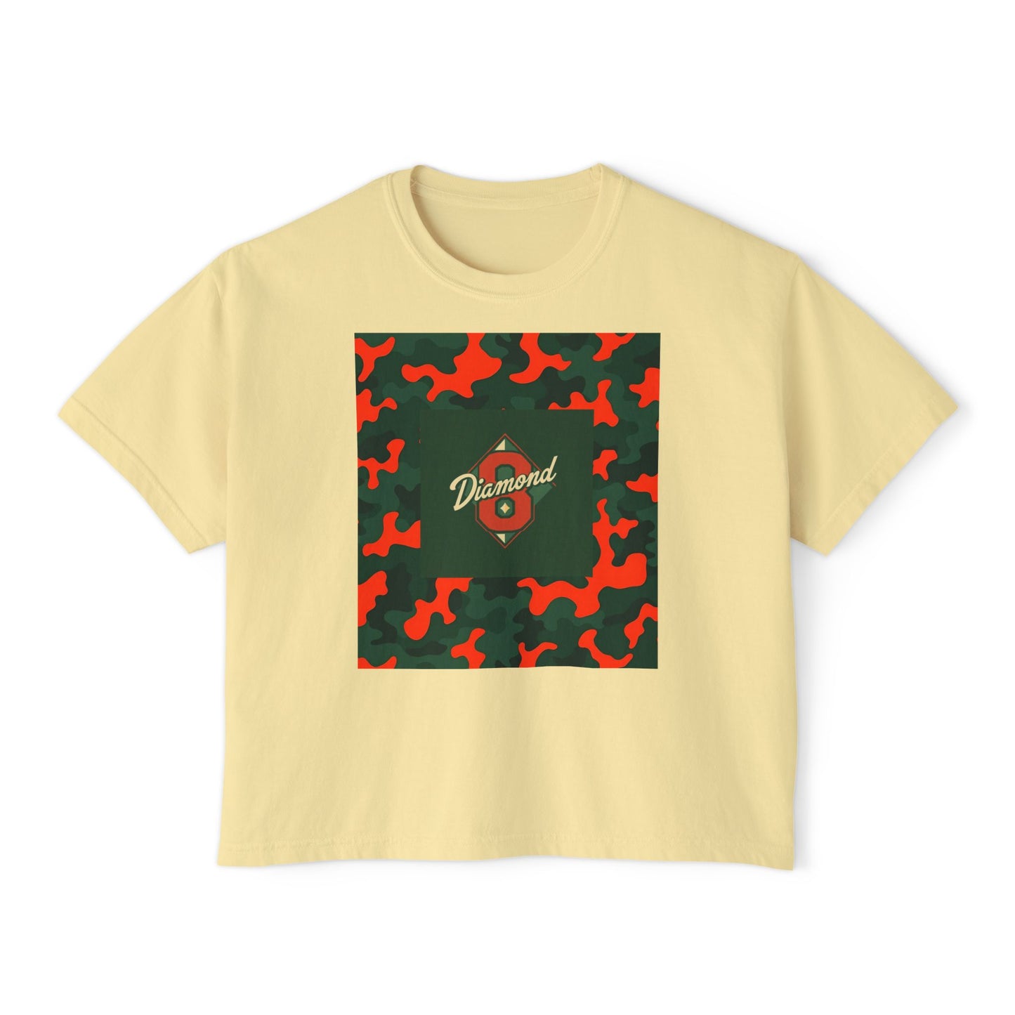 Stylish Women's Boxy Tee - Trendy Camo Print, Casual Summer Wear, Gift for Her, Streetwear Top - Green & Orange Camo Diamond 8