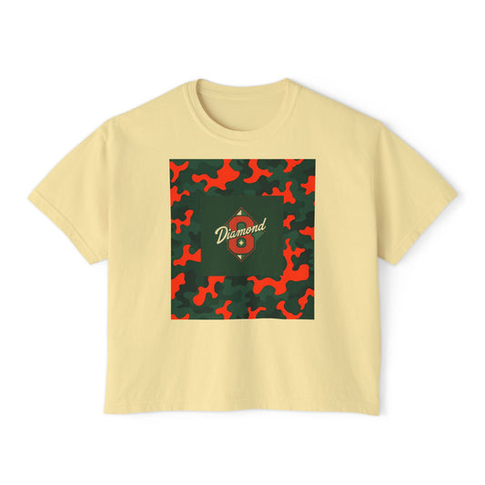 Stylish Women's Boxy Tee - Trendy Camo Print, Casual Summer Wear, Gift for Her, Streetwear Top - Green & Orange Camo Diamond 8