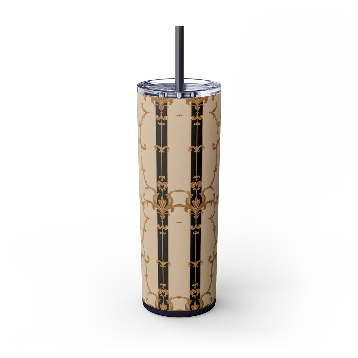 Elegant Gold Patterned Skinny Tumbler with Straw, 20oz | Stylish Travel Mug, Gift for Her, Fancy Drinkware - Black & Beige Striped Damask