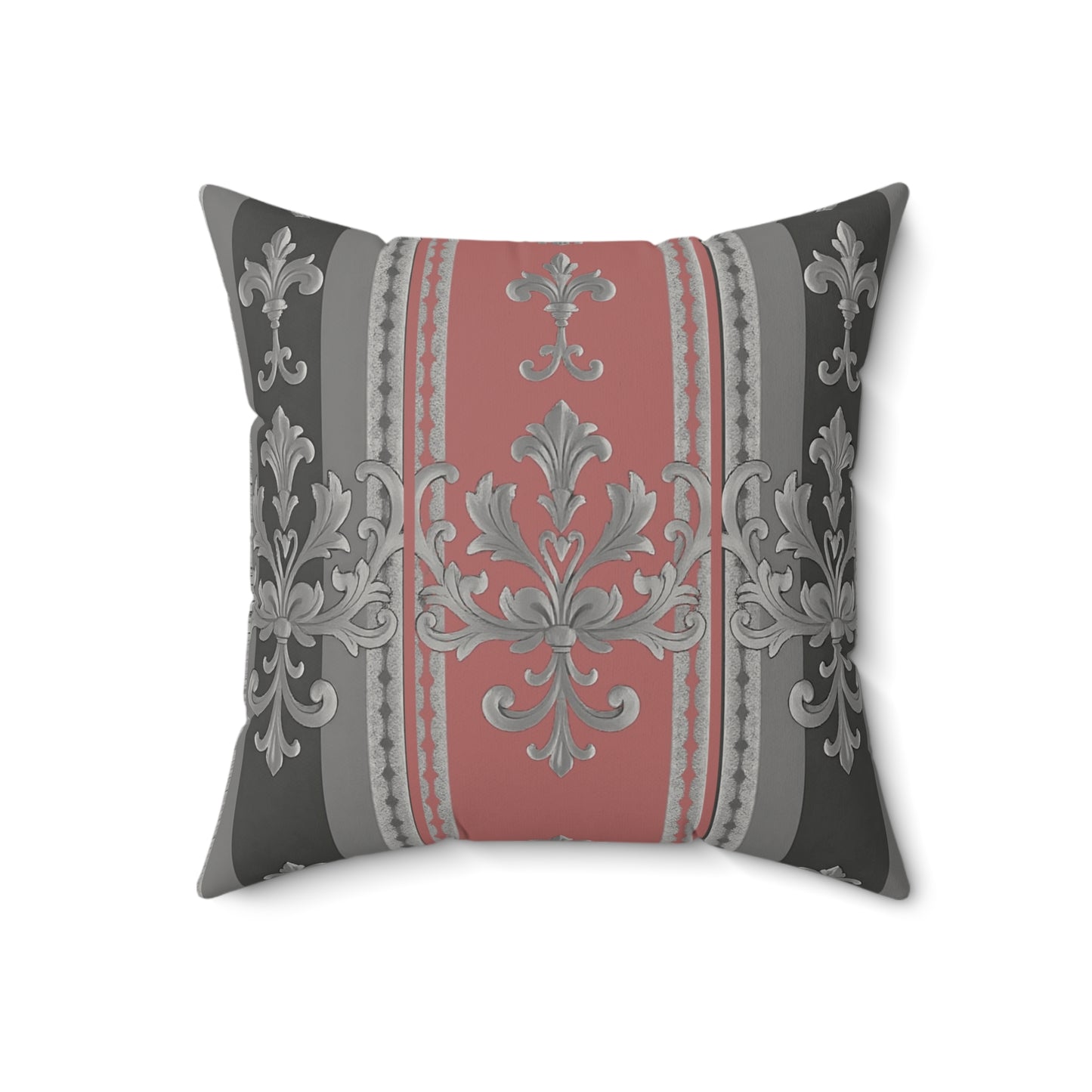 Elegant Faux Suede Square Pillow with Decorative Print - Gray & Mauve Striped Baroque