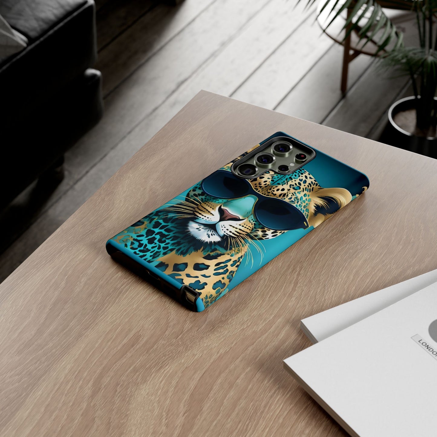 Phone Case - Aqua & Gold Leopard In Sunglasses Design