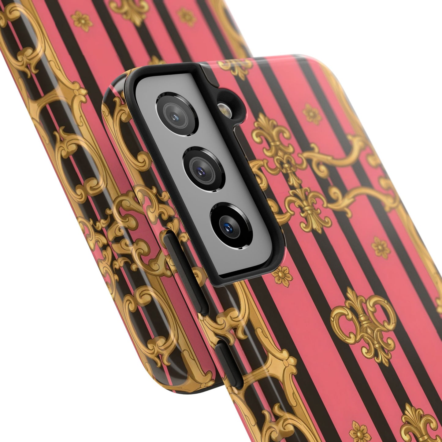 Elegant Baroque Tough Phone Cases, Stylish Protection, Gift for Her, Trendy Accessory - Pink & Black Striped Gold Baroque