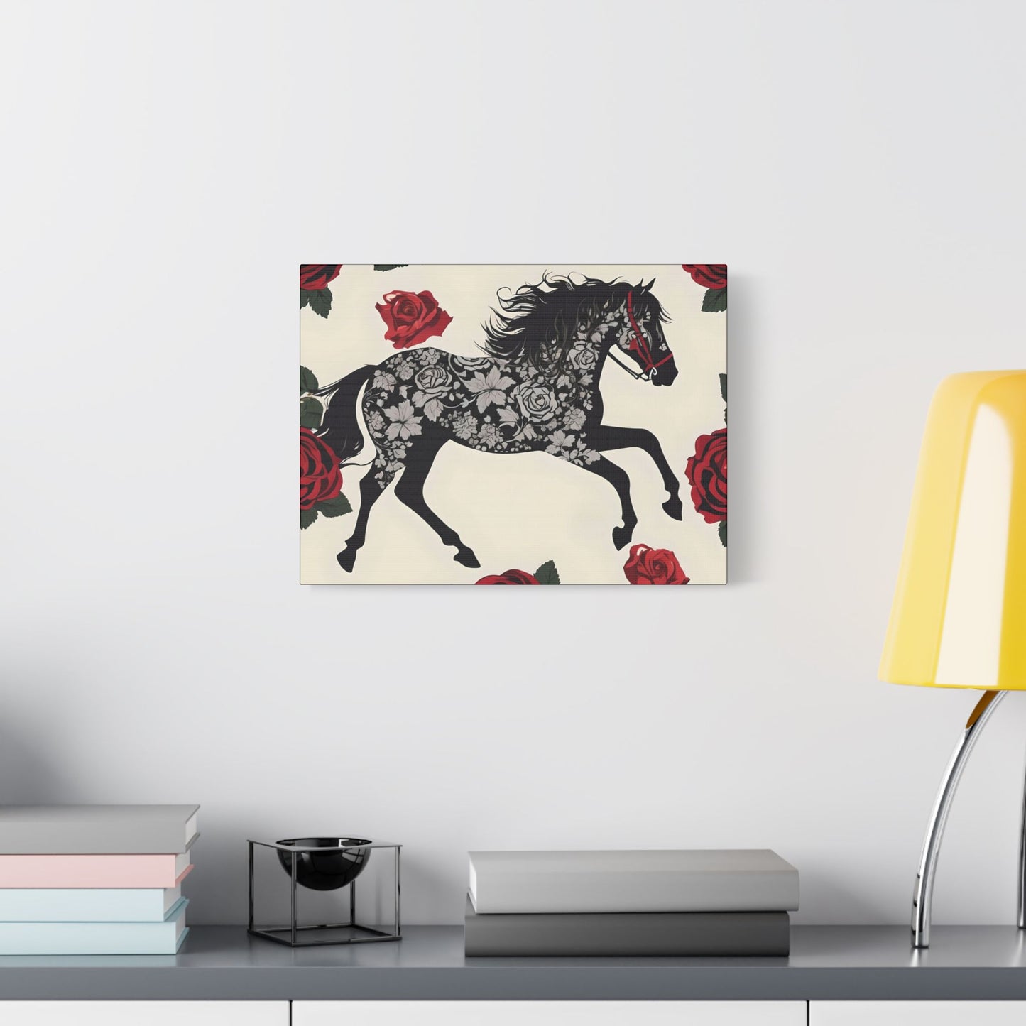Art Print Canvas, Wall Decor, Satin Stretched Canvas, Equestrian Art, Office Decor, Home Decor - Horse & Roses