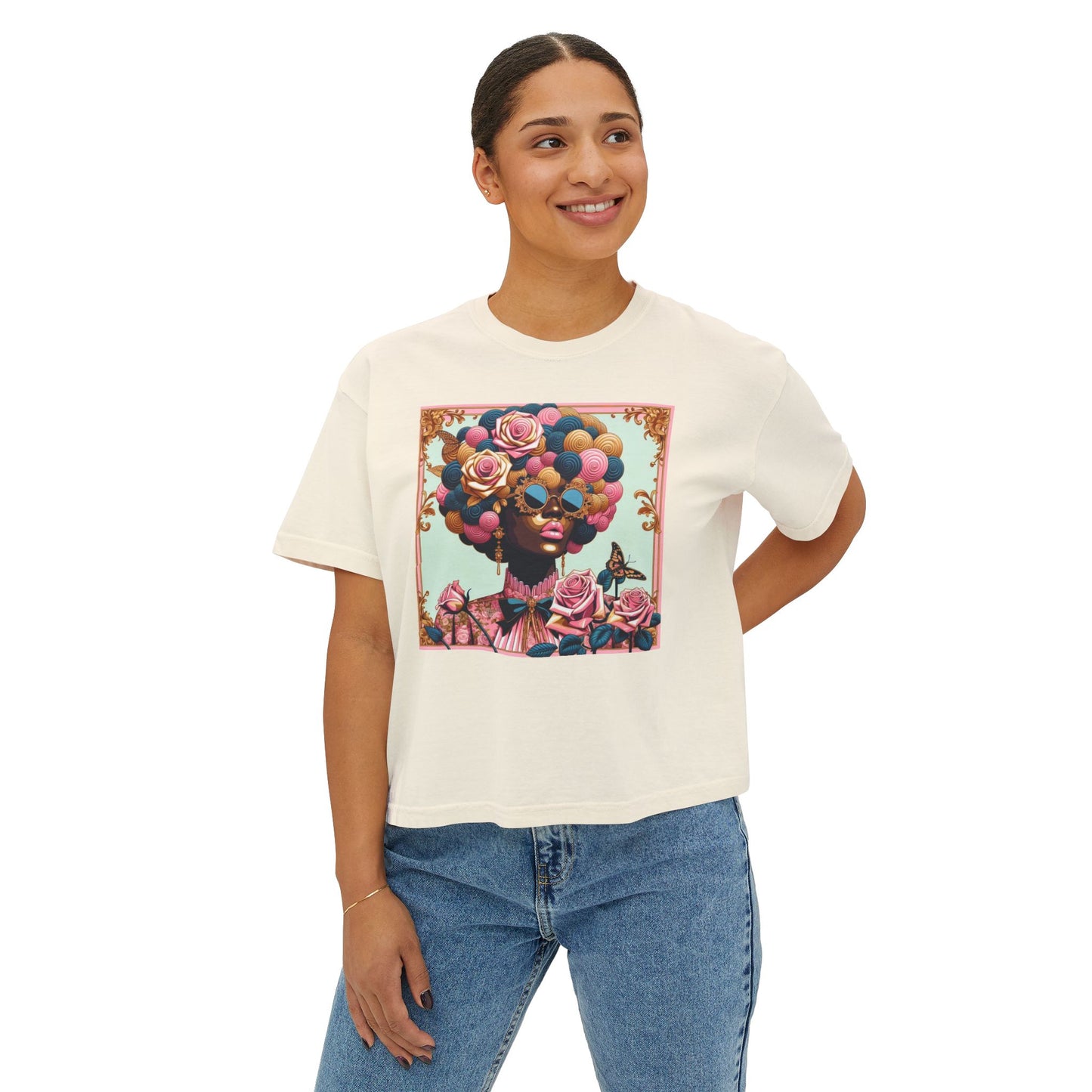 Colorful Afro Woman Boxy Tee, Feminine Graphic T-Shirt, Trendy Casual Wear, Gift for Her, Summer Outfit - Lady In Pink Baroque