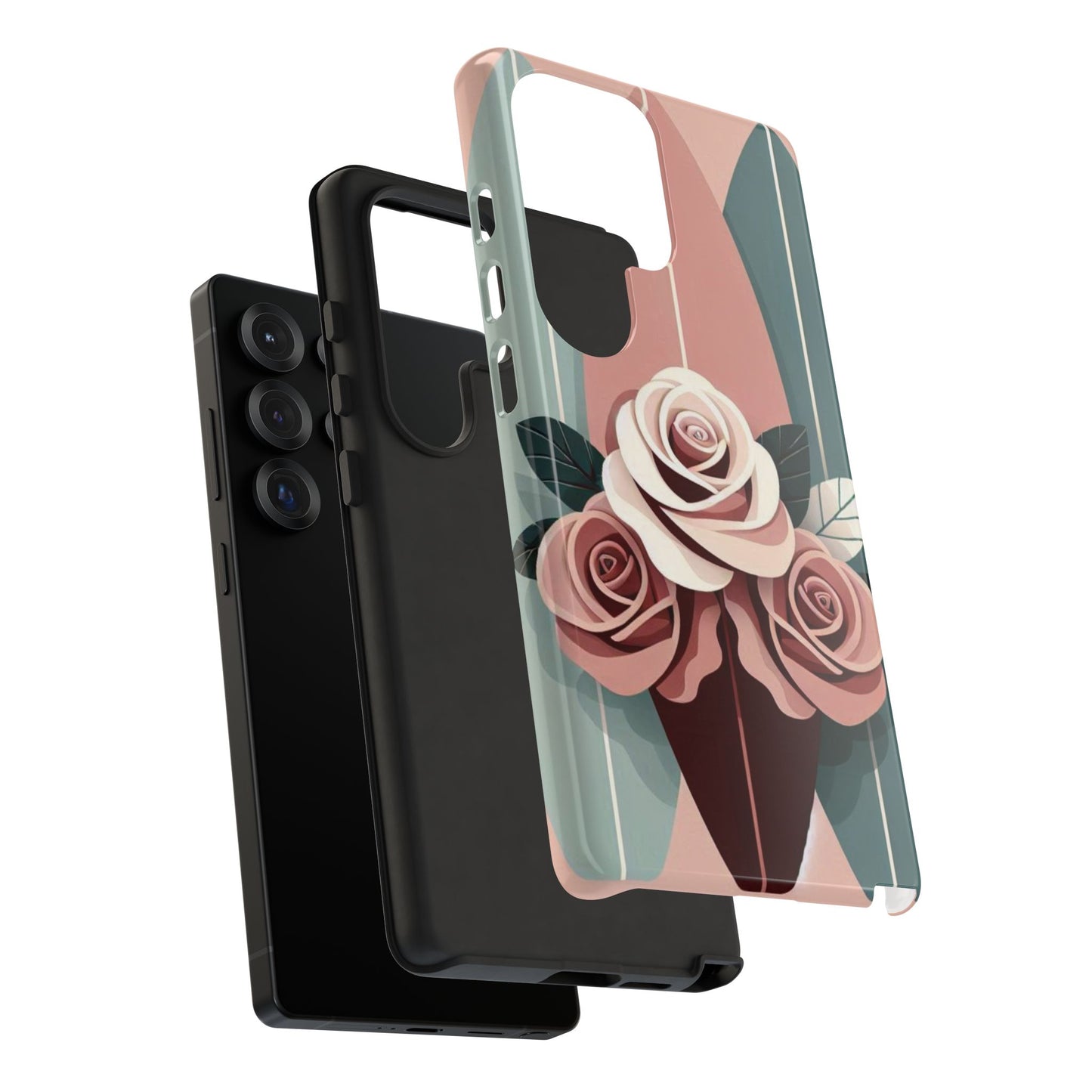 Phone Case - Burgundy, Matte Mauve & Teal Surfboard & Roses Design