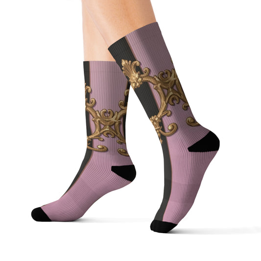 Chic Floral Sublimation Socks for Fashion Lovers, Cute Gift for Her, Trendy Footwear, Stylish Accessories - Matte Lavender & Black Striped Gold Baroque