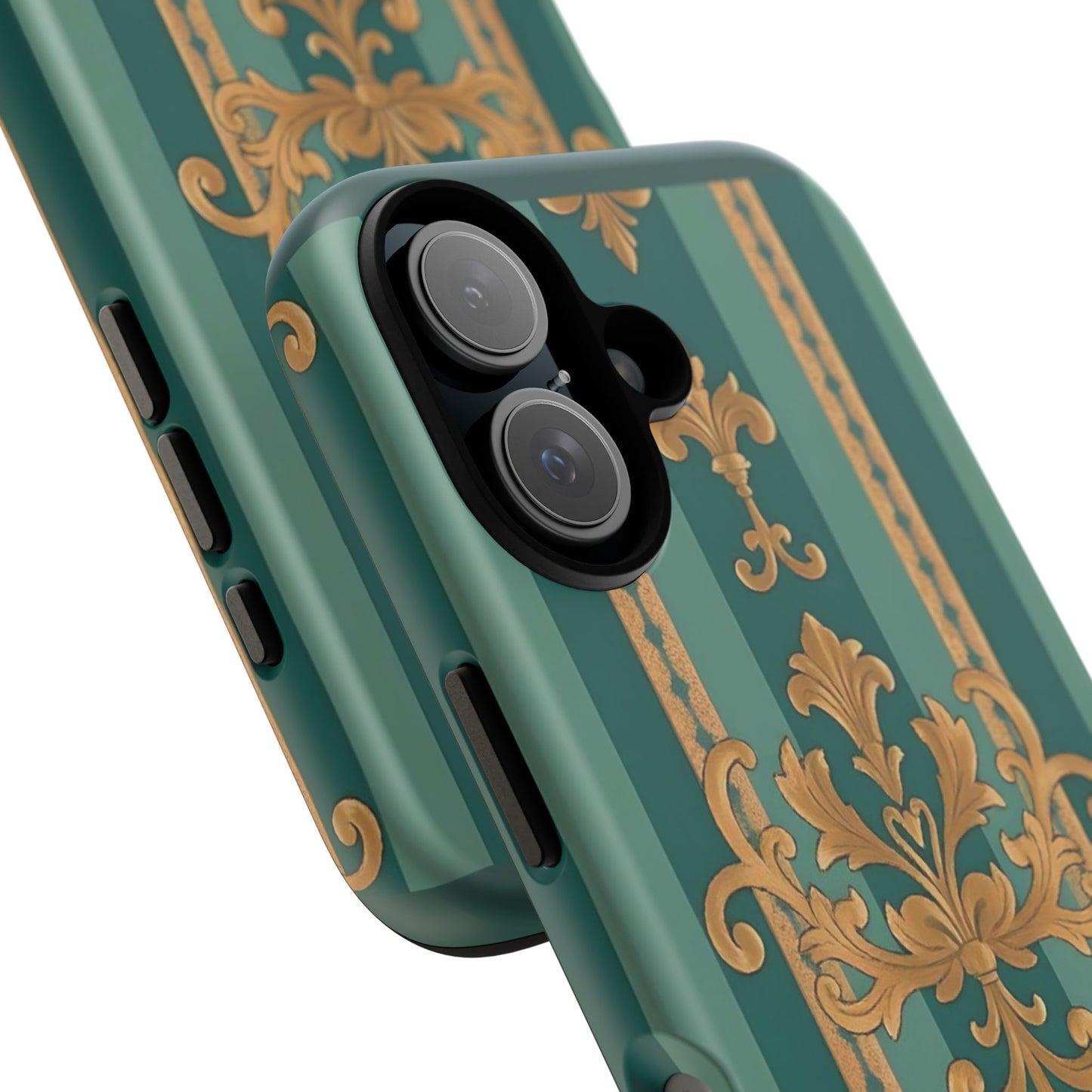Elegant Floral Motif Phone Case - Tough Cases with Vintage Design - Teal Striped Gold Damask