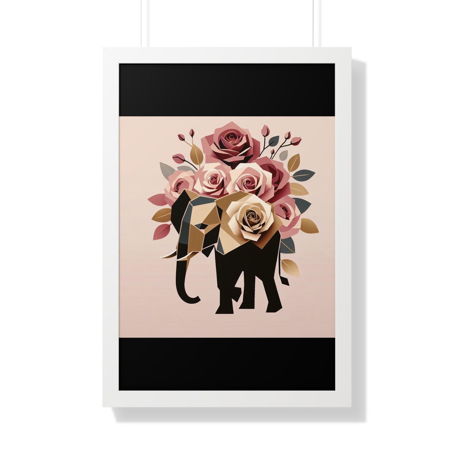 Vertical Poster - Black & Gold Elephant & Roses Wall Art