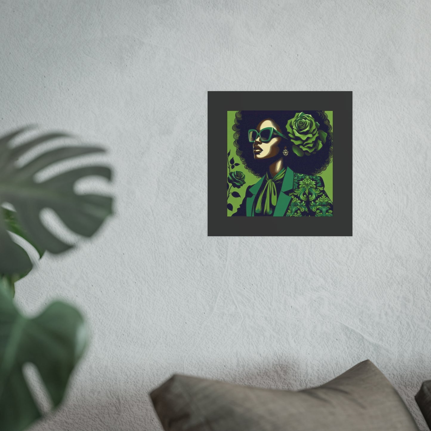 Chic Afrocentric Art Poster, Vibrant Wall Décor, Stylish Home Decoration, Damask Chic Art Print - Lady In Green Damask