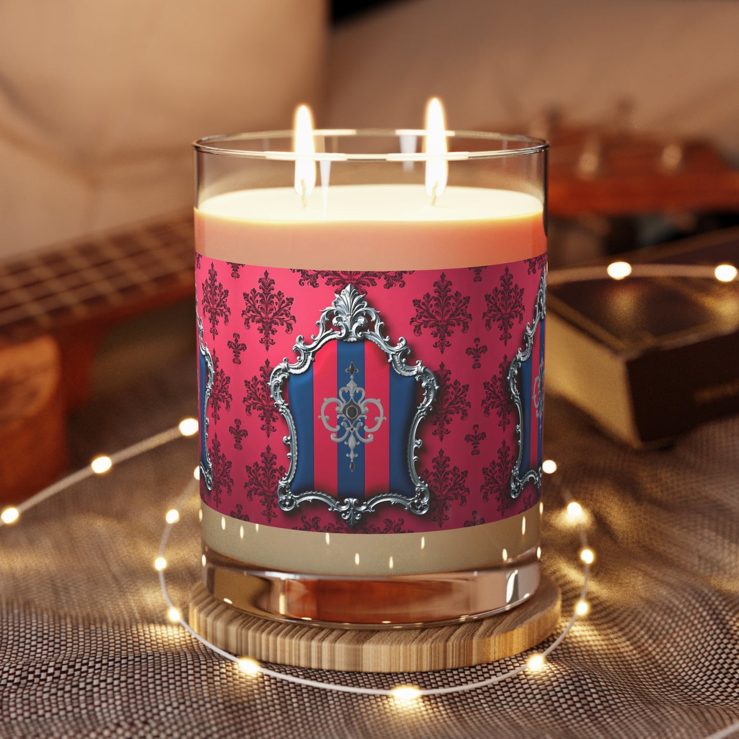 Elegant Floral Scented Candle - Romantic Gifts for Home, Candlelight Dinner, Decorative Aromatherapy, Wedding Favors - Blue & Red Striped Silver Crest