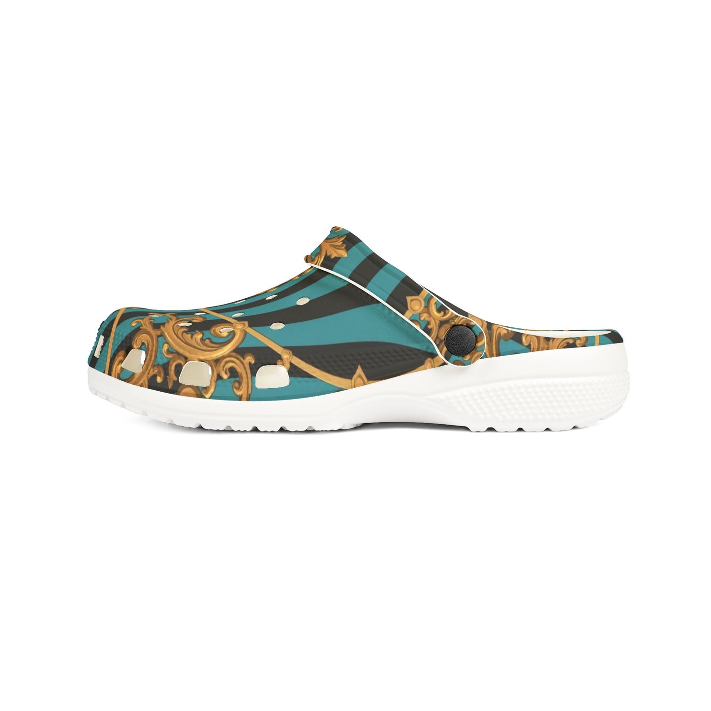Stylish Turquoise & Black Striped Gold Baroque EVA Foam Rubber Shoes with Elegant Gold Pattern, Casual Footwear