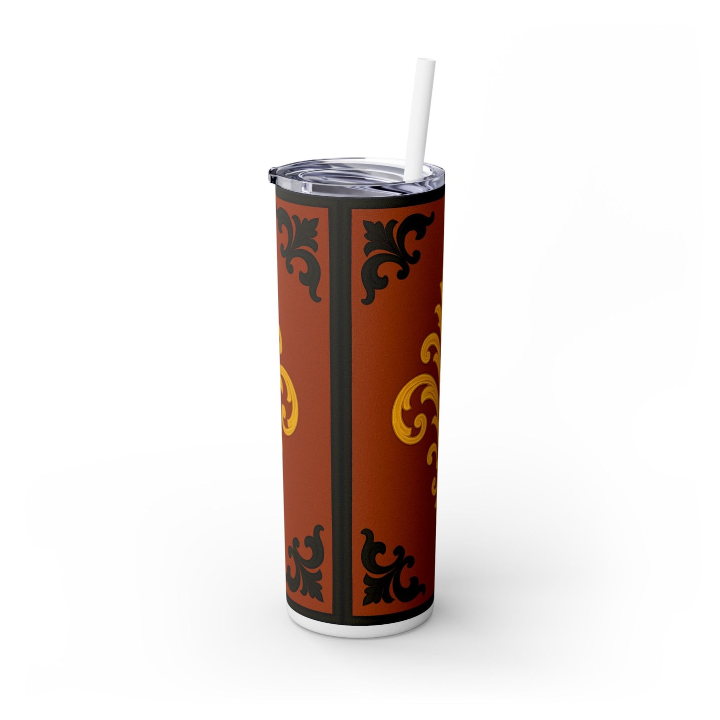 Dusk Terracotta Baroque 20oz Skinny Tumbler with Straw — Vintage Gold Baroque Design