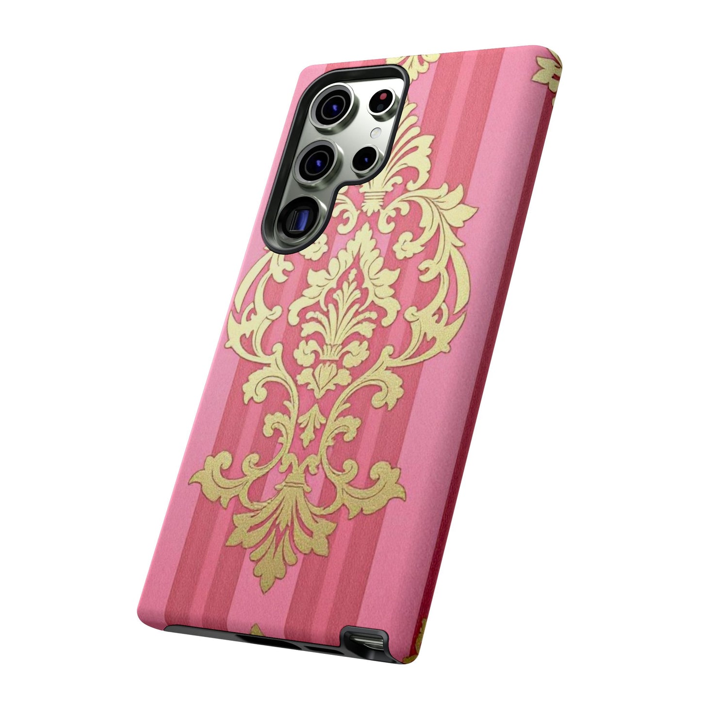 Elegant Floral Motif Phone Case - Tough Cases with Vintage Design - Pink Striped Damask