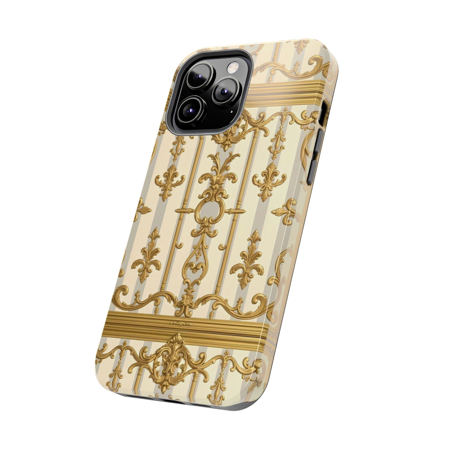 Elegant Gold Pattern Tough Phone Cases | Stylish Phone Covers, Trendy Cell Phone Accessories - Matte Gray & Cream Striped Gold Baroque
