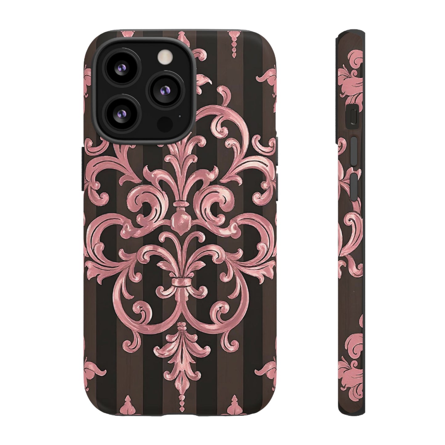 Elegant Floral Motif Phone Case - Tough Cases with Vintage Design - Brown Striped Mauve Damask