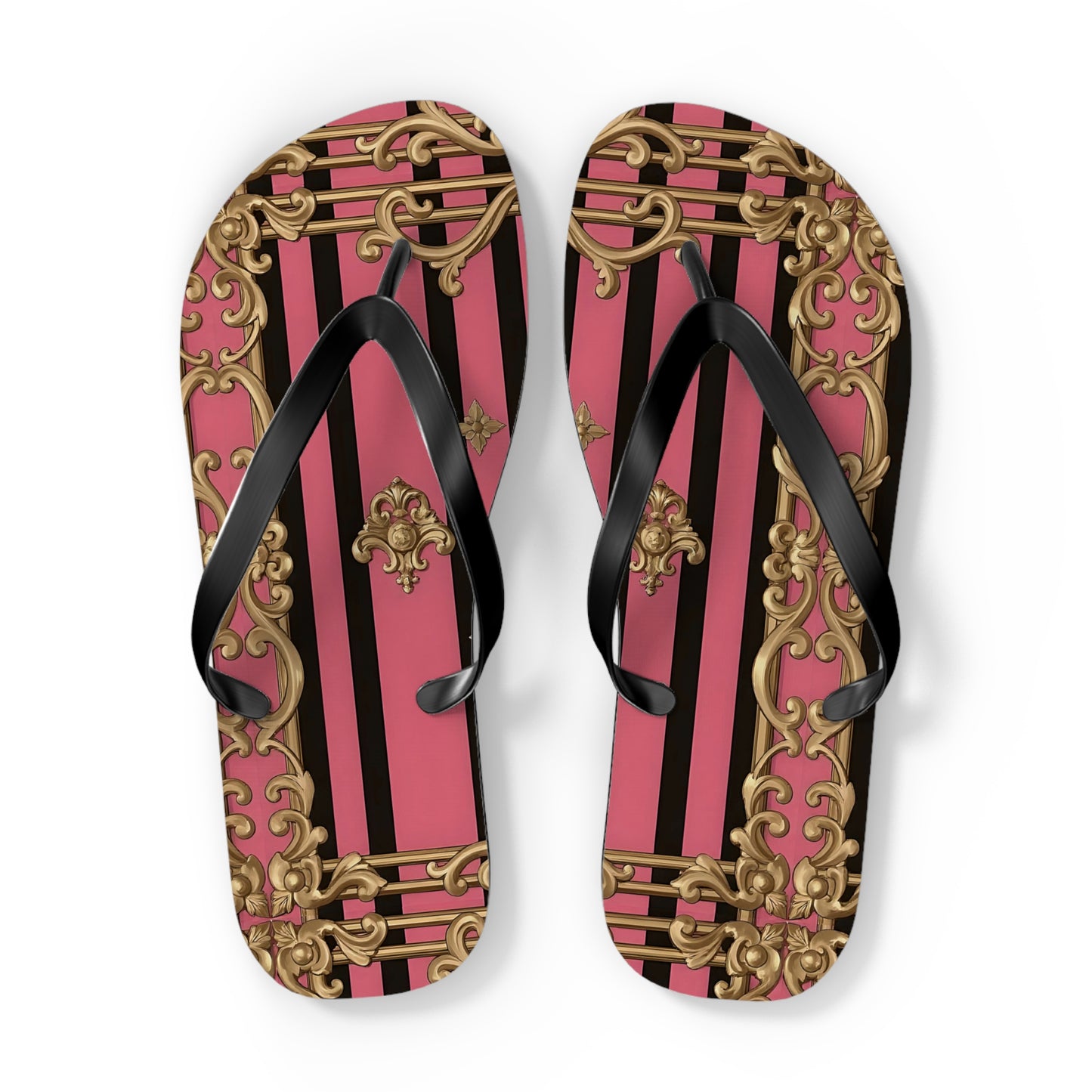 Chic Flip Flops, Stylish Summer Sandals, Beachwear, Poolside Accessories, Vacation Footwear, Trendy Casual Shoes - Pink Striped Gold Rococo