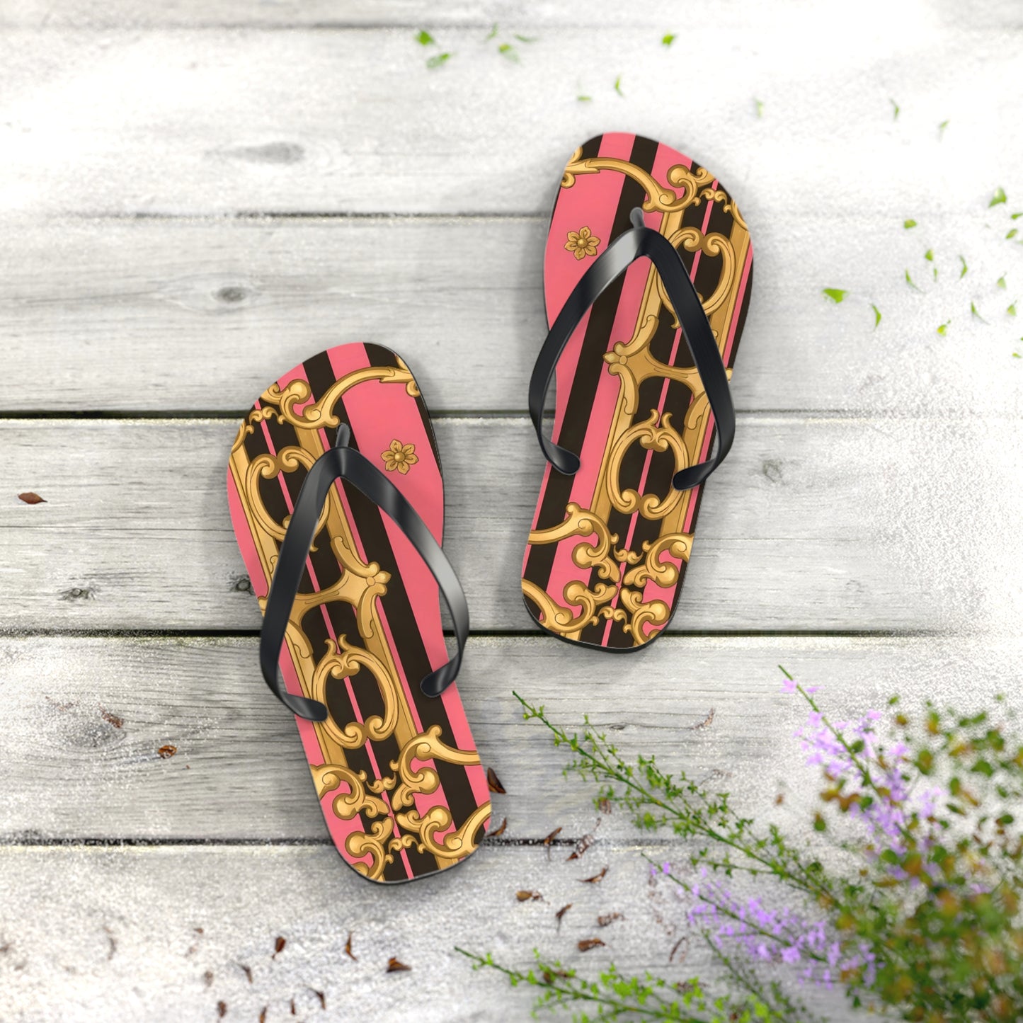 Chic Patterned Flip Flops - Stylish Summer Sandals, Beach Footwear, Pool Slides, Vacation Essentials, Gift for Her - Pink & Black Striped Gold Baroque