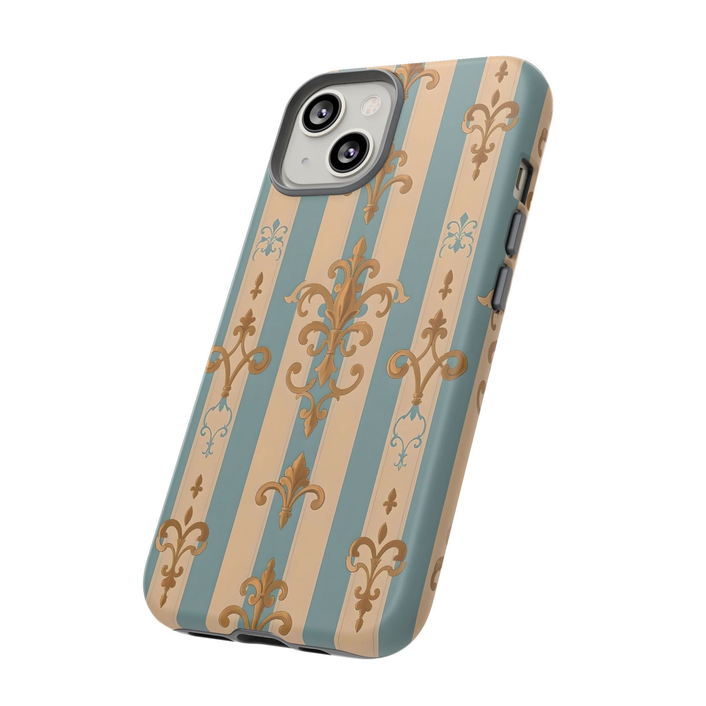 Elegant Floral Motif Phone Case - Tough Cases with Vintage Design -  Beige & Sky Blue Striped Gold Damask
