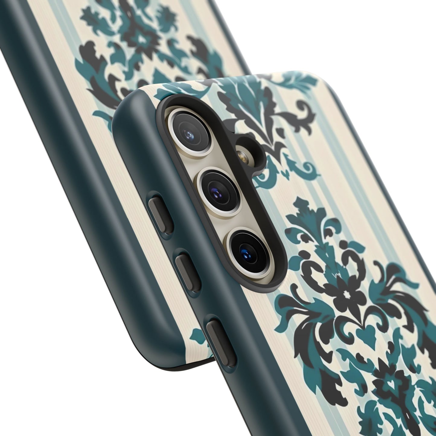 Elegant Floral Phone Case - Tough Cases with Vintage Design - Teal Striped Damask