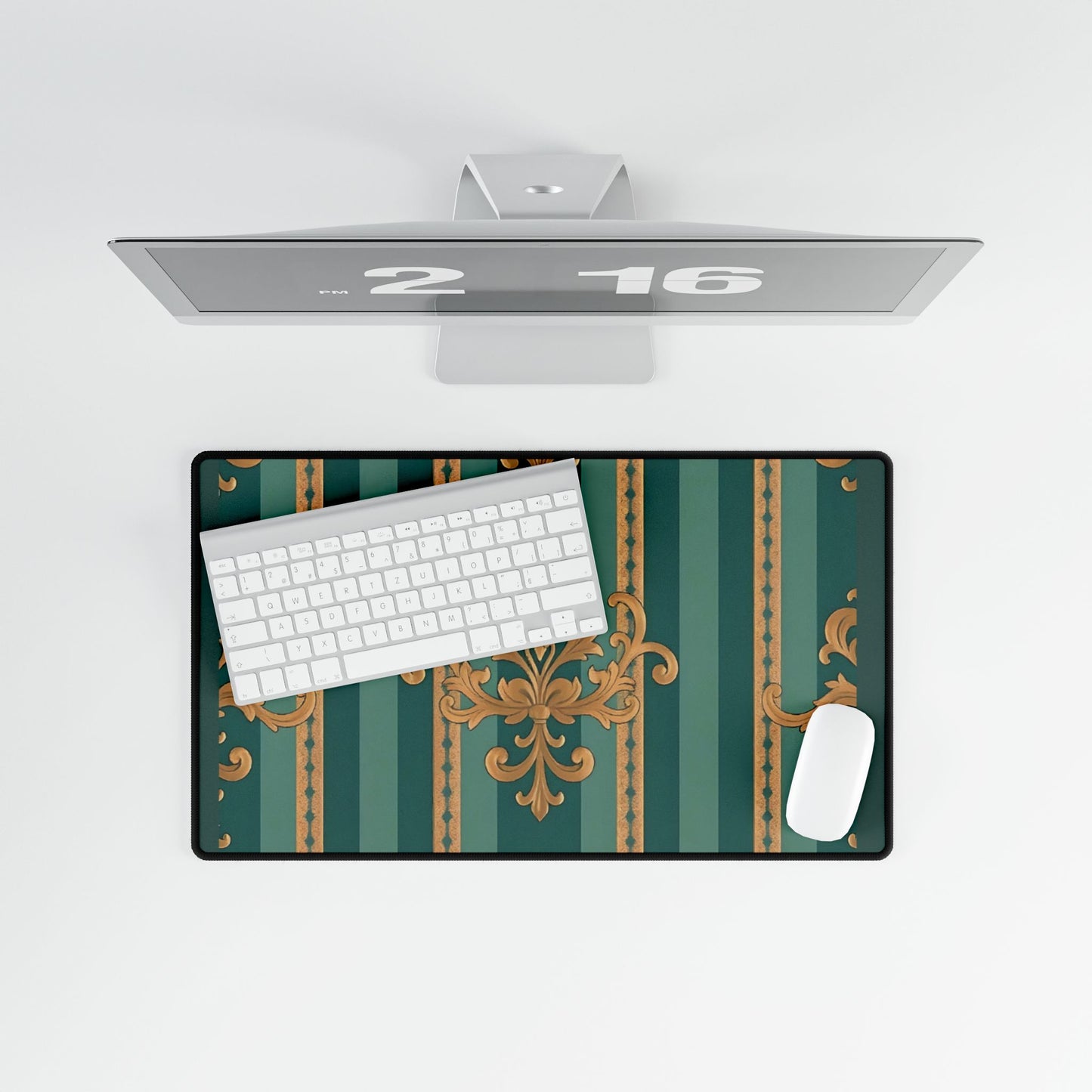Elegant Floral Motif Desk Mat for Home Office Decor - Teal Striped Gold Damask