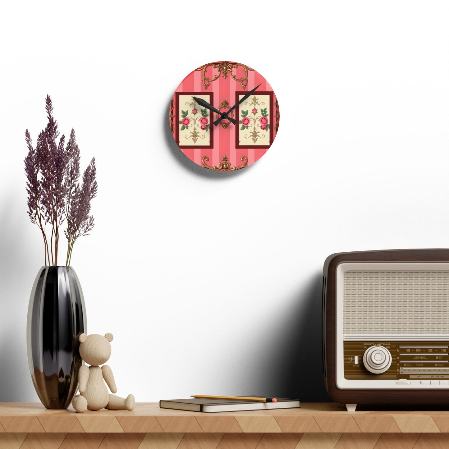 Vintage-Inspired Acrylic Wall Clock with Floral Design - Pink Striped Baroque & Roses