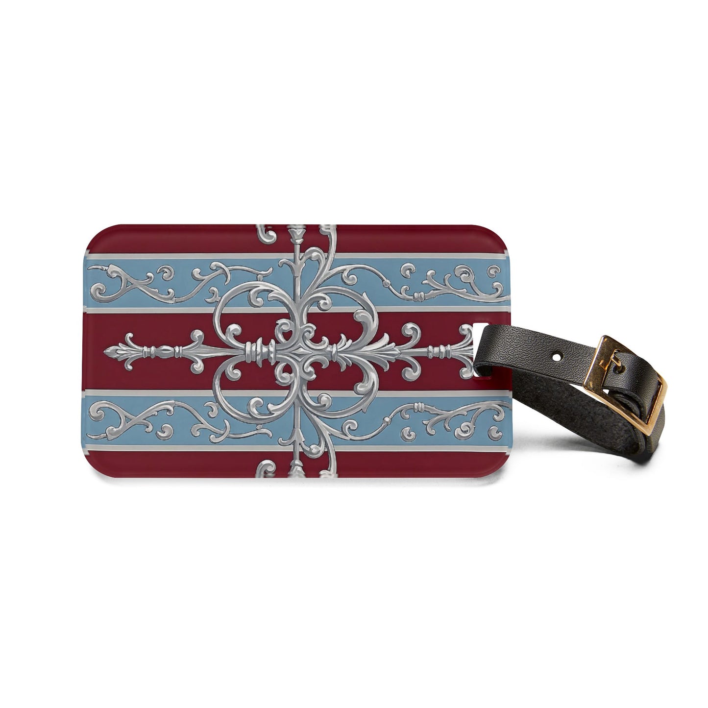 Elegant Vintage Luggage Tag, Stylish Travel Accessory, Personalized Bag Tag, Unique Gift for Travelers - Ice Blue & Burgundy Striped Baroque