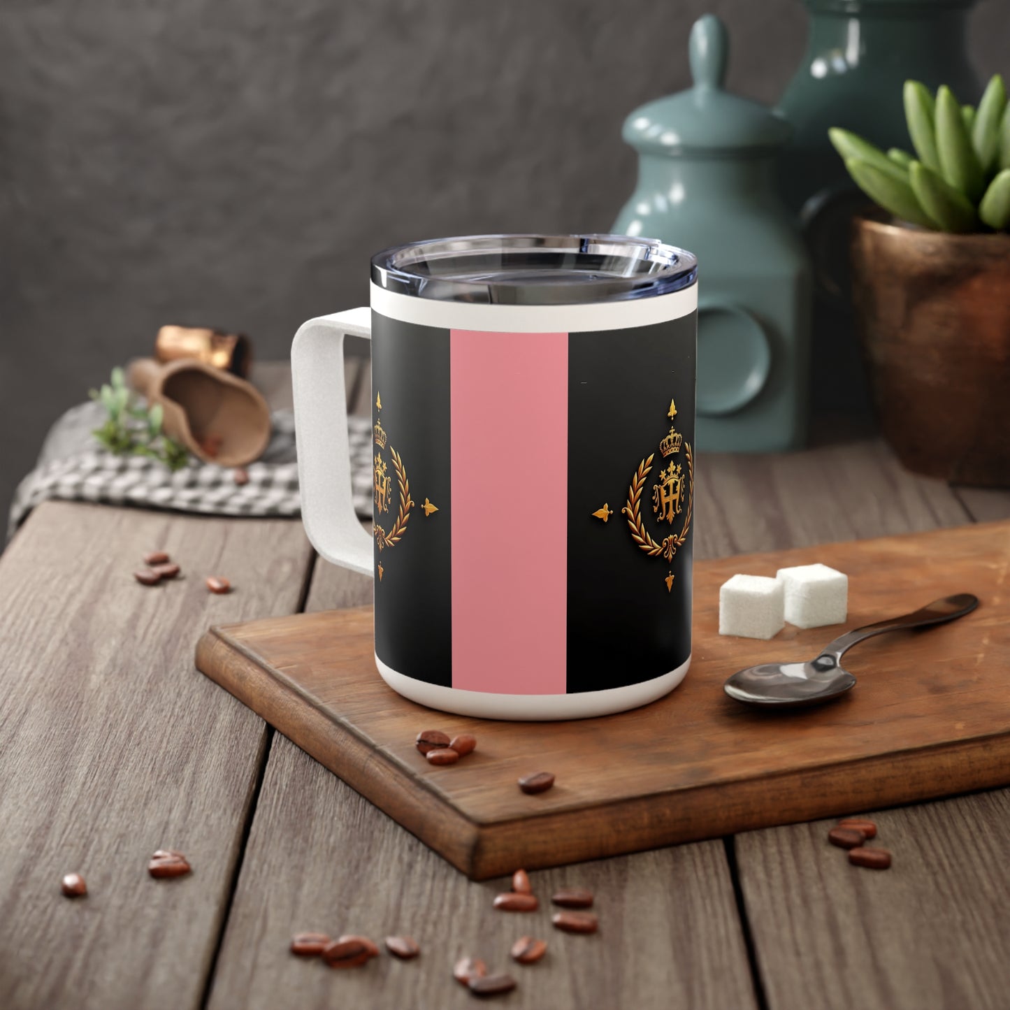 Elegant Insulated Coffee Mug - Royal Emblem Travel Cup, Perfect Gift for Coffee Lovers, Home Decor, Wedding Favors - Pink Striped Gold Crest