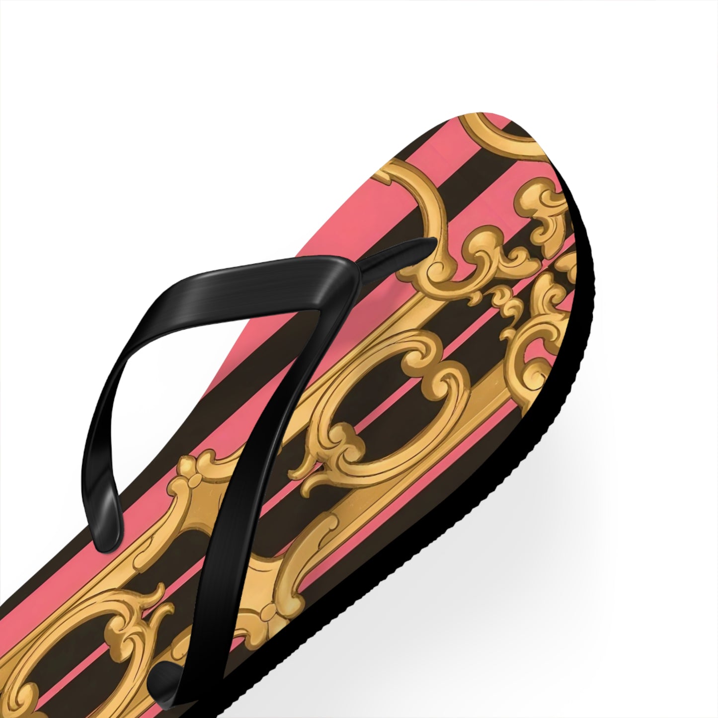 Chic Patterned Flip Flops - Stylish Summer Sandals, Beach Footwear, Pool Slides, Vacation Essentials, Gift for Her - Pink & Black Striped Gold Baroque