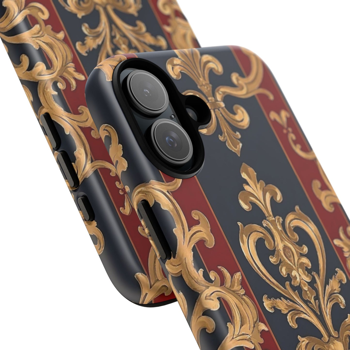 Elegant Floral Motif Phone Case - Tough Cases with Vintage Design - Midnight Blue & Dusk Red Striped Gold Damask