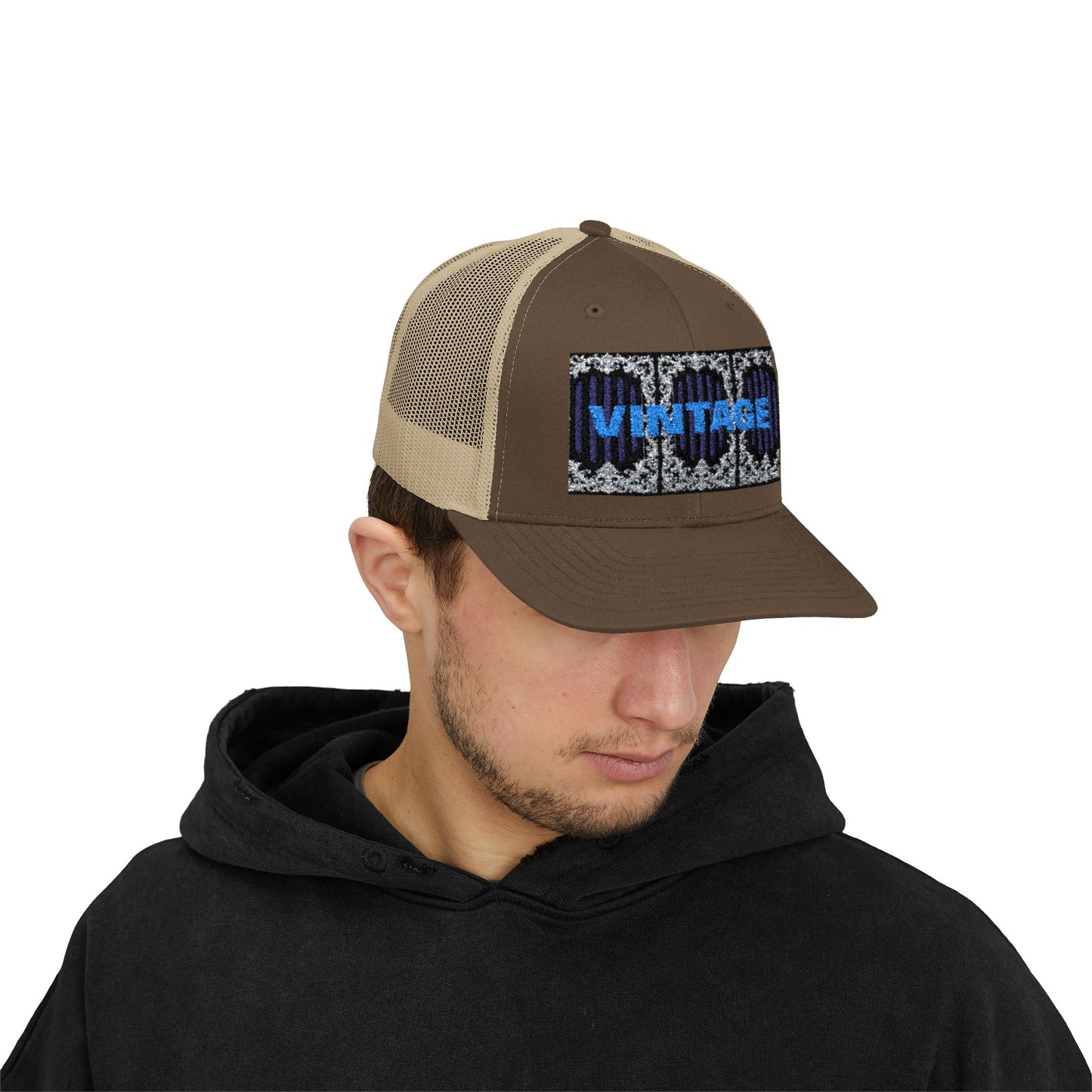 Vintage Navy Stripes & Baroque Trucker Cap — Retro 'VINTAGE' Embroidered Snapback