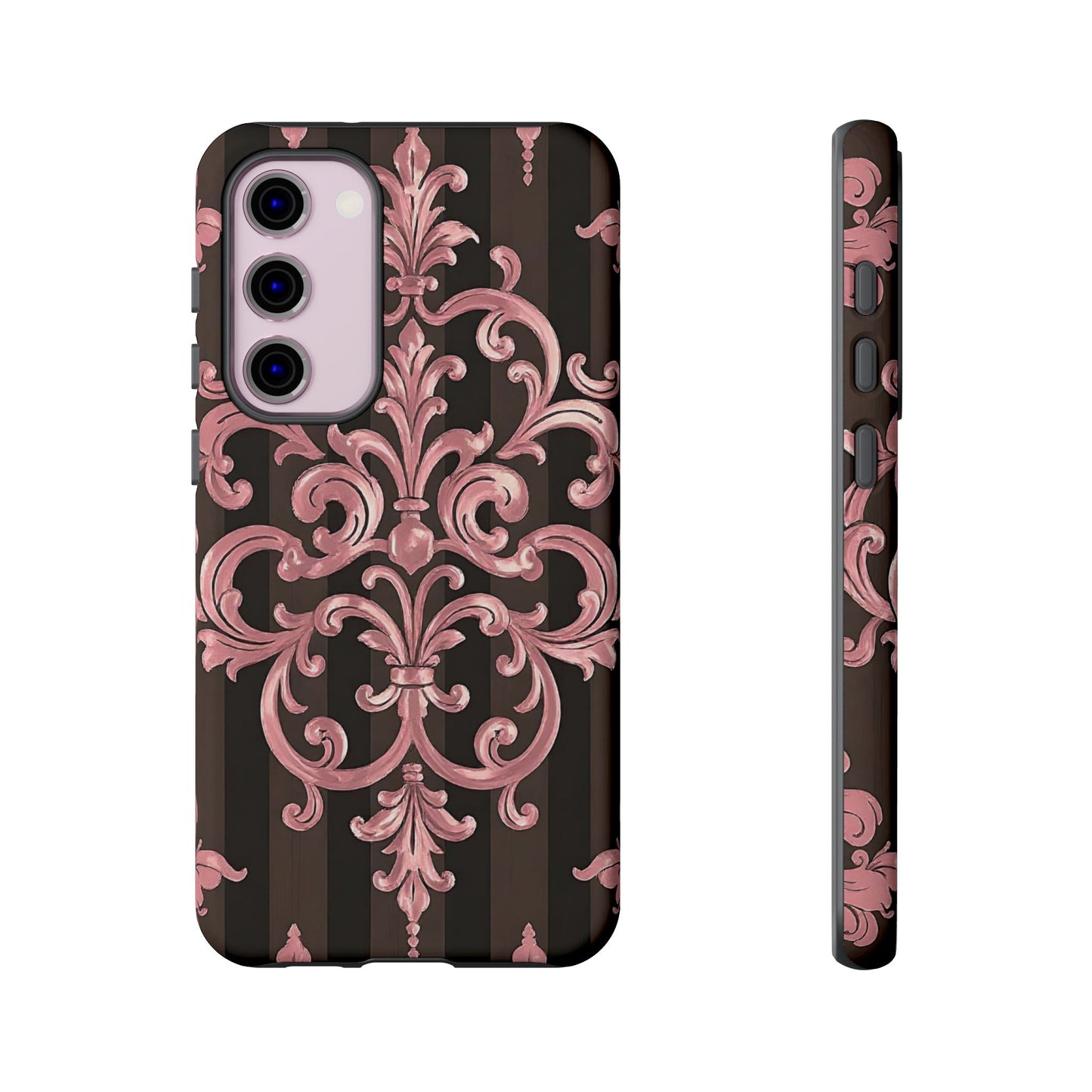 Elegant Floral Motif Phone Case - Tough Cases with Vintage Design - Brown Striped Mauve Damask