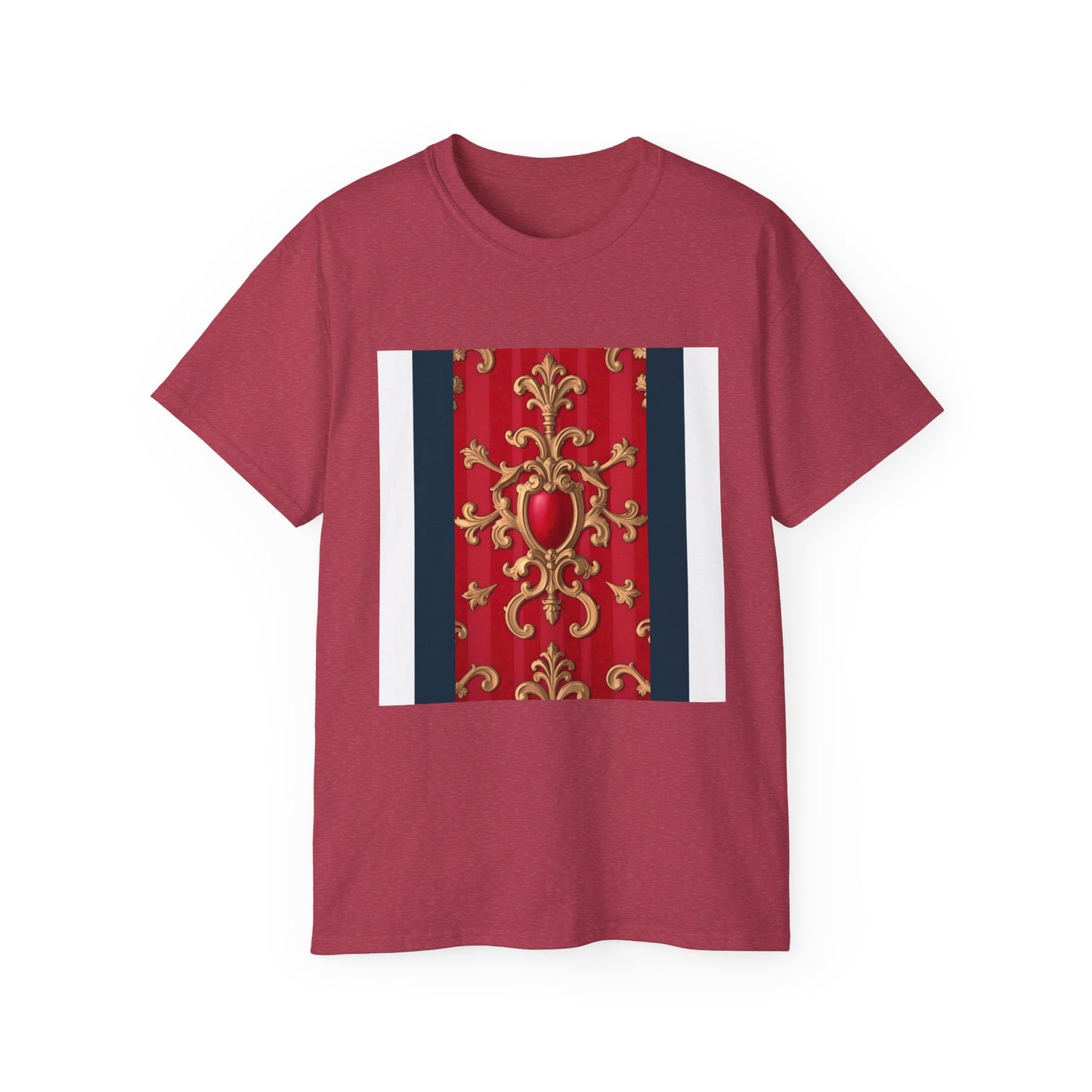 Regal Red Baroque T-Shirt, Artistic Tee, Gift for Art Lovers, Fashionable Statement Shirt, Unique Graphic Top - Blue, Red & White Striped Baroque