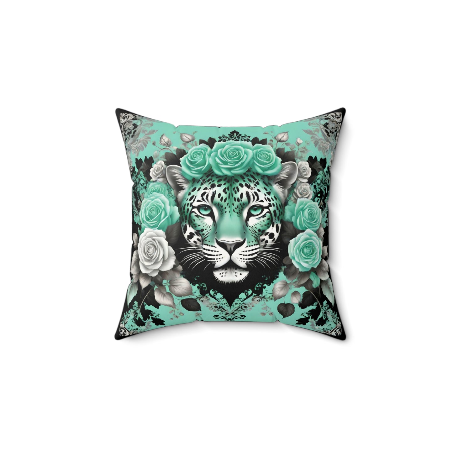 Floral Leopard Faux Suede Pillow - Artistic Home Decor - Mint Green Leopard