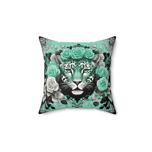 Floral Leopard Faux Suede Pillow - Artistic Home Decor - Mint Green Leopard