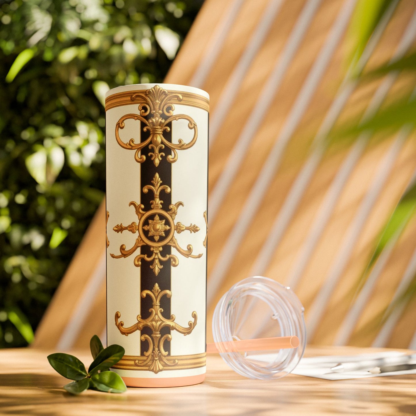 Elegant Gold Accents Skinny Tumbler, 20oz - Stylish Drinkware for Weddings, Parties, Gifts, or Everyday Use - Black & White Striped Gold Baroque