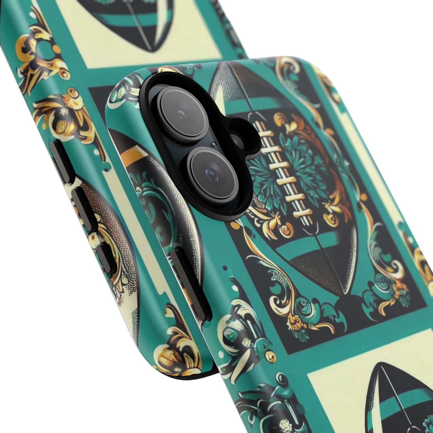 Elegant Floral Motif Phone Case - Tough Cases with Vintage Design -  Damask Teal, Gold & Black Footballs