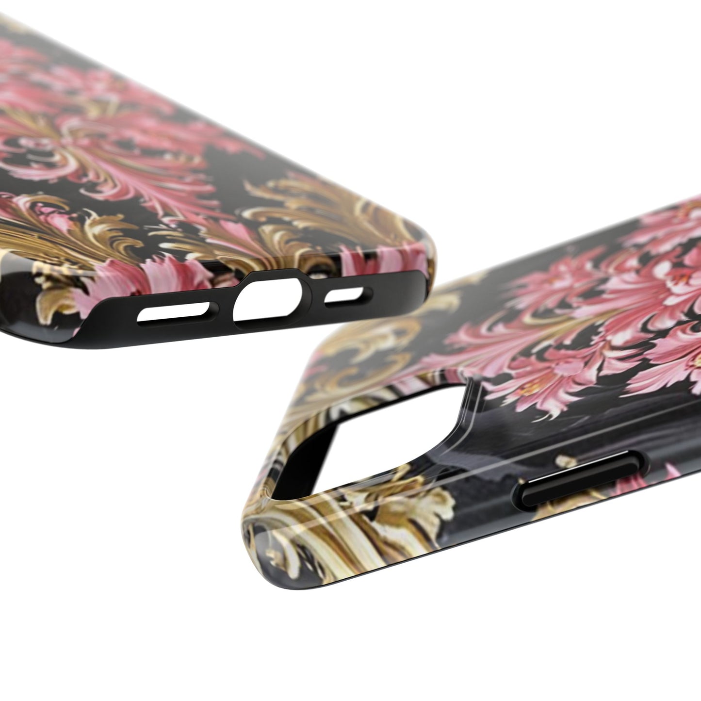 Elegant Floral Tough Phone Cases | Stylish Protection for Her | Gift for Birthdays - Black & Pink Oil Painting Style Rococo
