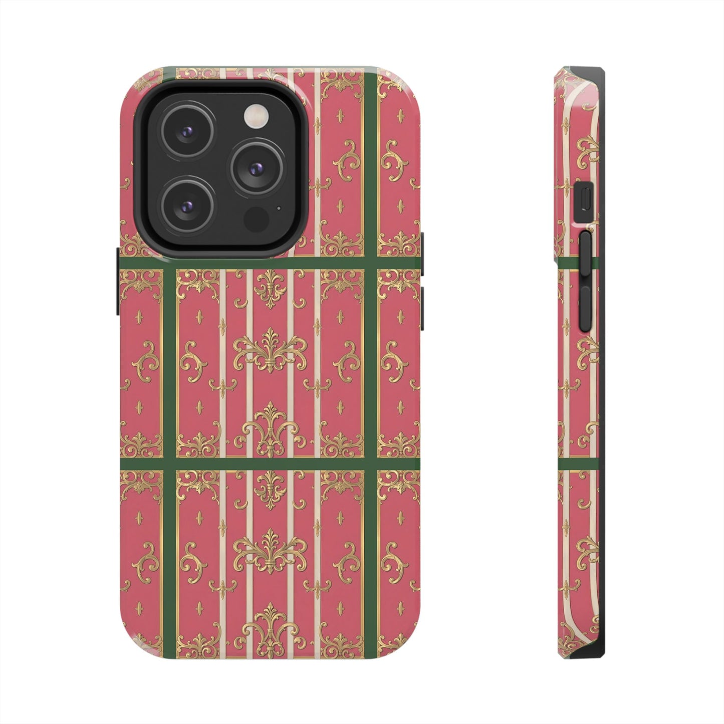 Elegant Green Border Pink Striped Baroque Phone Cases, Tough Phone Cases for Protection, Stylish Mobile Accessories, Gift for Her, Holiday Tech Gifts