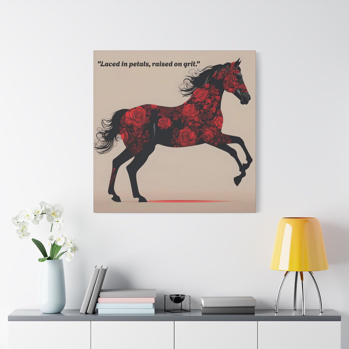 Art Print Canvas, Wall Decor, Satin Stretched Canvas, Equestrian Art, Office Decor, Home Decor - "Laced in petals"