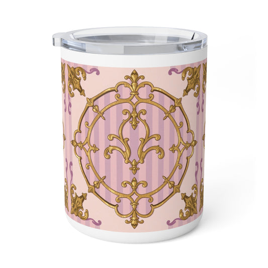 Elegant Lavender & Alabaster Striped Gold Baroque Insulated Coffee Mug | 10oz Decorative Drinkware, Floral Mug, Stylish Gift for Her