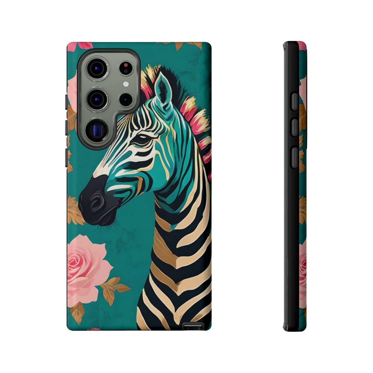 Phone Case - Elegant Teal & Gold Zebra & Roses Design