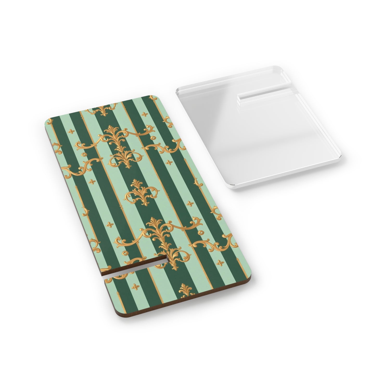 Elegant Smartphone Stand, Decorative Phone Holder, Desk Organizer, Gift for Tech Lovers - Mint Green & Teal Striped Gold Baroque