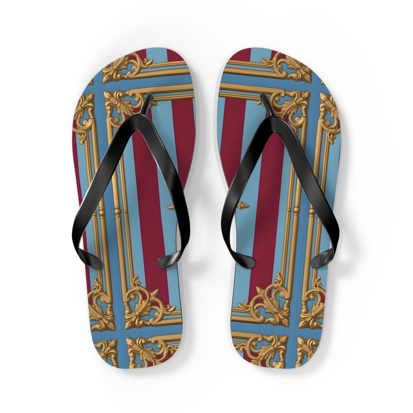 Ornate Design Flip Flops, Elegant Summer Sandals, Beach Vacation Footwear, Perfect for Weddings - Sky Blue & Maroon Striped Baroque