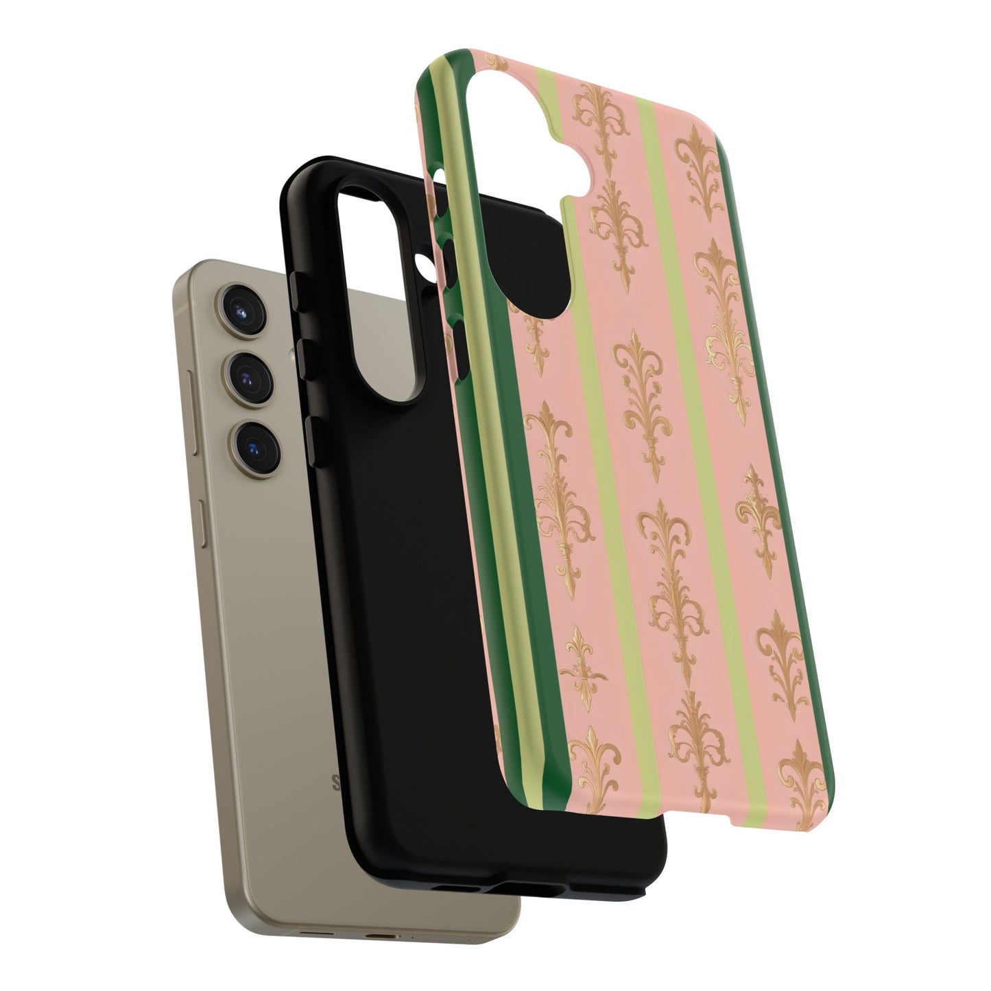 Elegant Floral Motif Phone Case - Tough Cases with Vintage Design - Lime Green & Pink Striped Damask