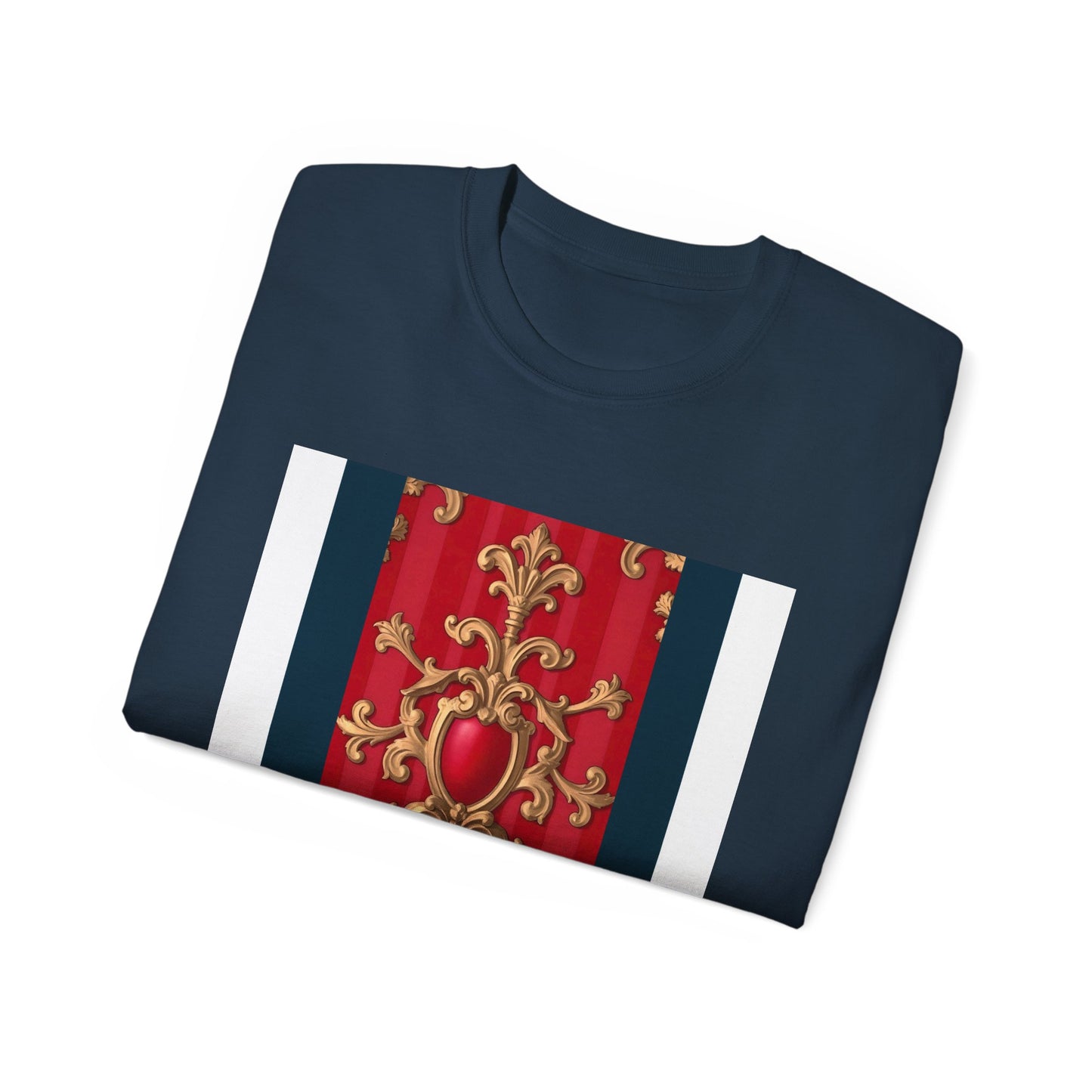 Regal Red Baroque T-Shirt, Artistic Tee, Gift for Art Lovers, Fashionable Statement Shirt, Unique Graphic Top - Blue, Red & White Striped Baroque