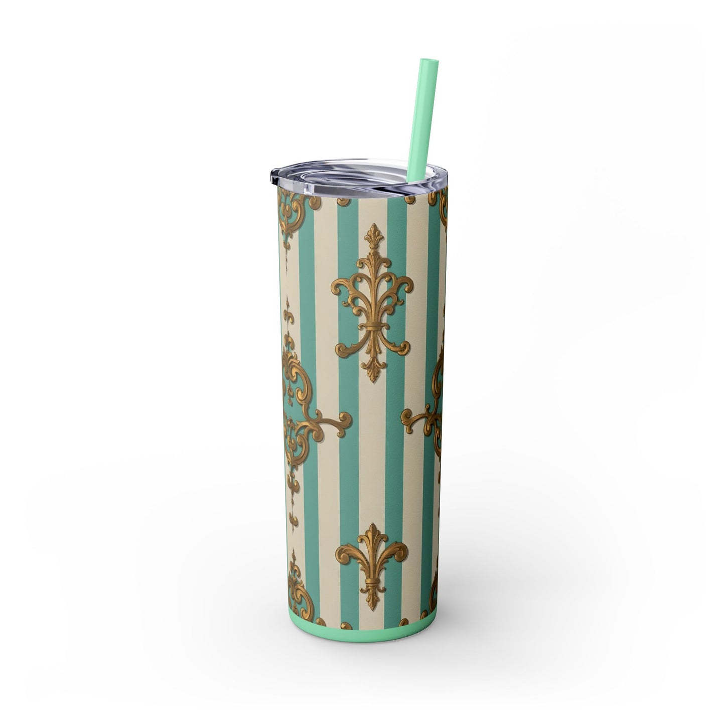 Elegant Vintage Skinny Tumbler with Straw, 20oz, Stylish Drinkware, Perfect Gift for Home, Coffee Lovers - Matte Green Striped Rococo