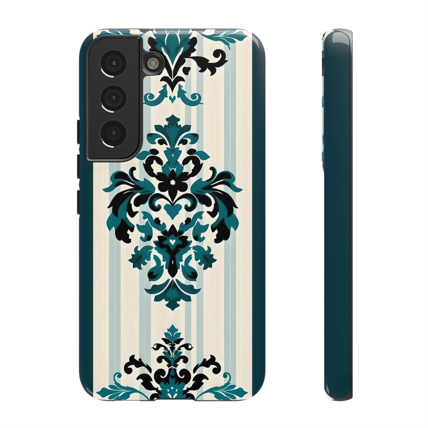 Elegant Floral Phone Case - Tough Cases with Vintage Design - Teal Striped Damask