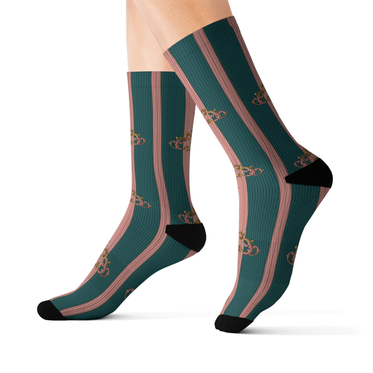 Chic Sublimation Socks, Fashion Accessories, Gift for Her, Trendy Socks, Unique Design, Casual Wear - Pink & Teal Striped Gold Baroque