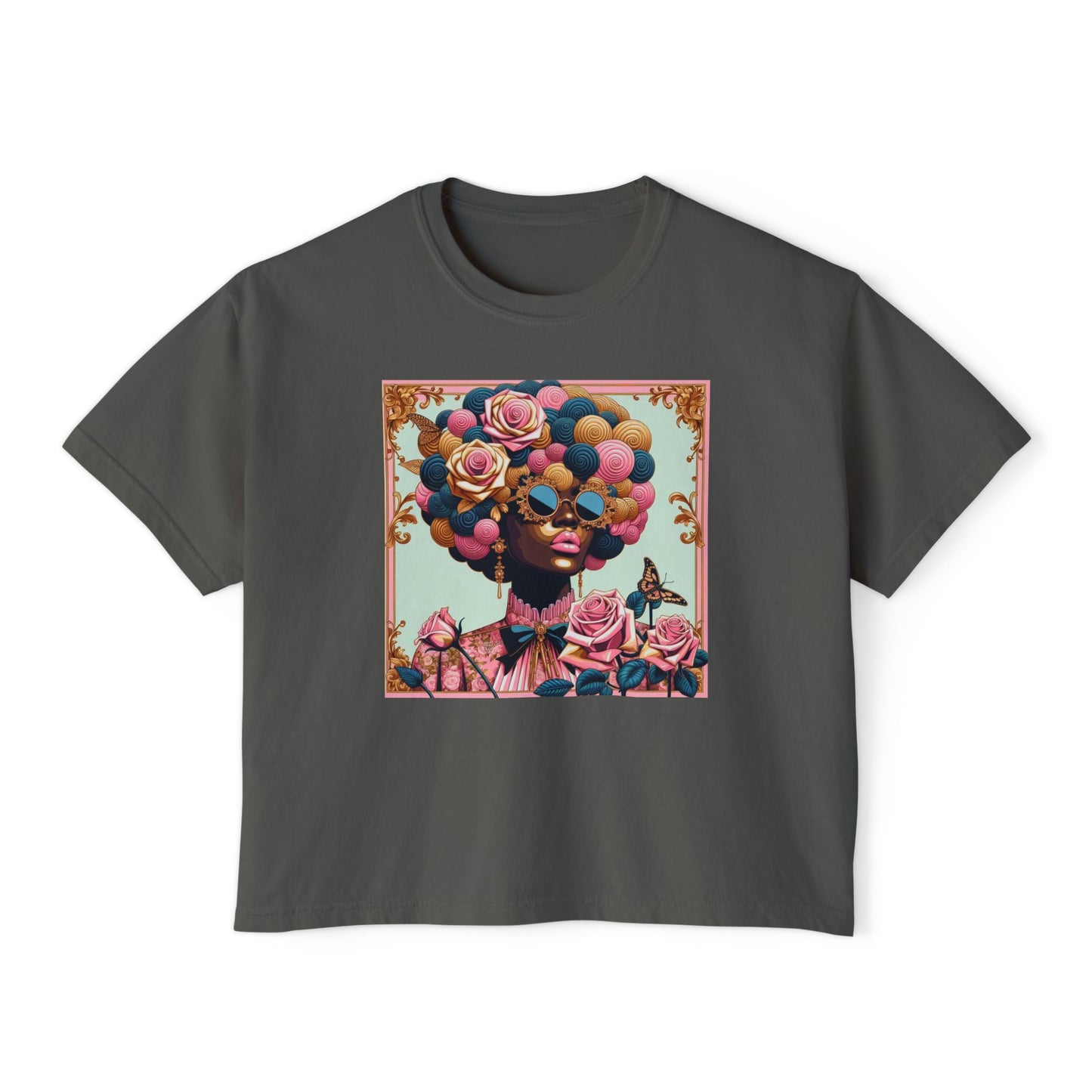 Colorful Afro Woman Boxy Tee, Feminine Graphic T-Shirt, Trendy Casual Wear, Gift for Her, Summer Outfit - Lady In Pink Baroque