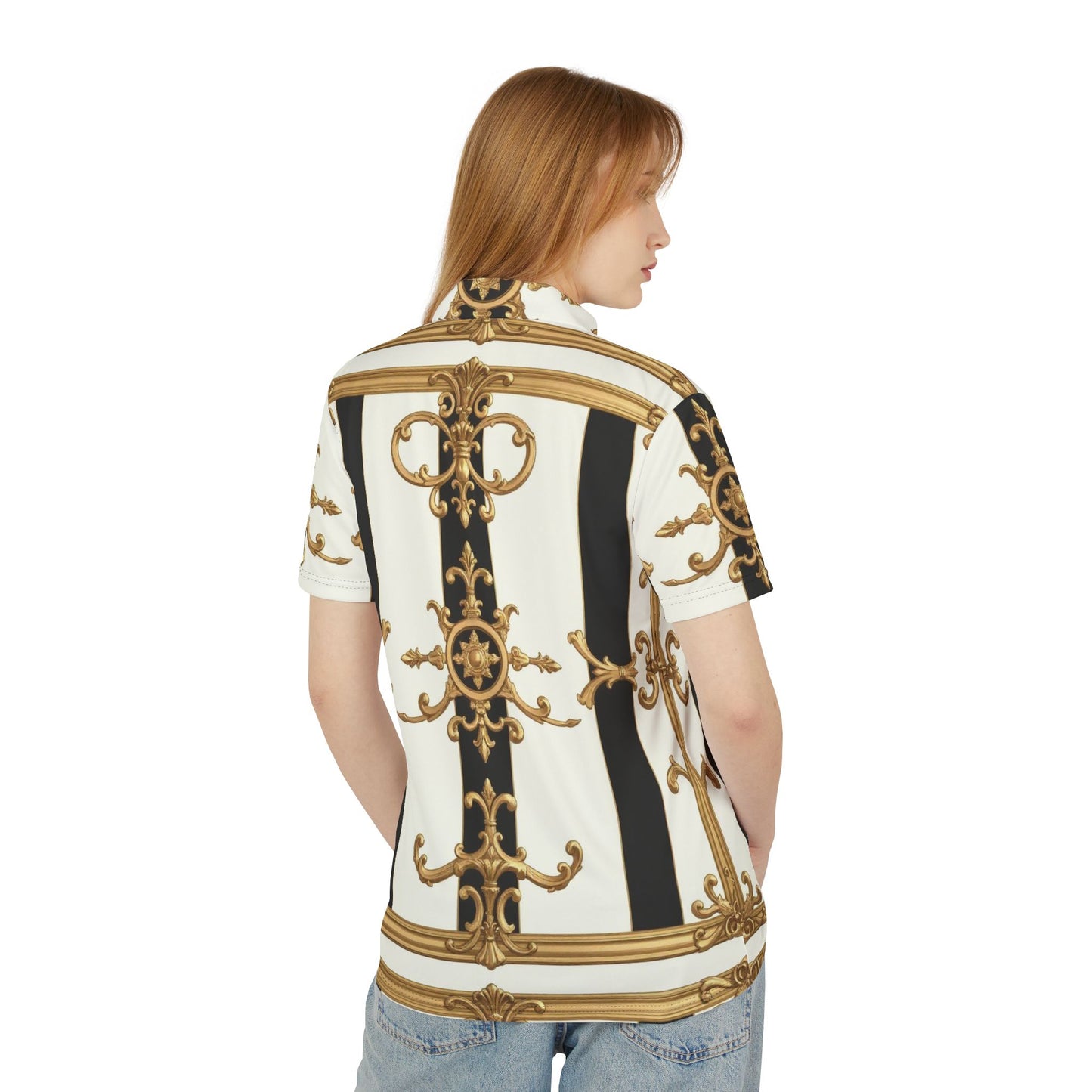 Elegant Unisex Polo Shirt | Fashion Tee | Stylish Summer Wear | Casual Chic | Unique Gift | Versatile Outfit - Black & White Striped Gold Baroque